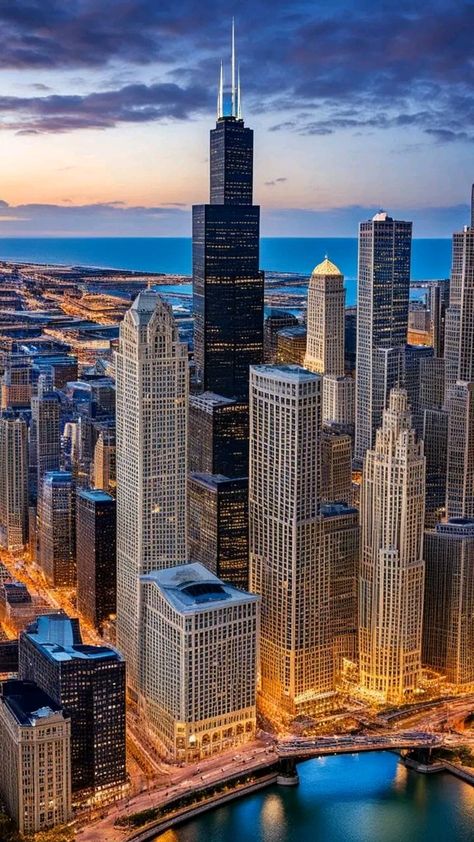 Chicago By Night, Chicago Skyline Wallpaper, Chicago Aesthetic Night, 2000s Memories, Chicago Living, Dubai Design Week, Wallpaper Travel, Chicago Aesthetic, California Architecture