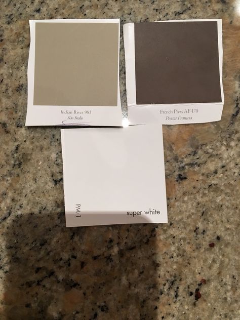 These are the BENJAMIN MOORE COLORS chosen for the exterior of the house.  * Indian River - HOUSE & AWNING * Super White - TRIM * French Press - SHUTTERS & AWNING BEAMS Outdoor Paint Colors For House Indian, French Press Benjamin Moore, Indian River Benjamin Moore, Arizona Living Room, French Colours, Outdoor Paint Colors, Exterior Design Backyard, Exterior Paint Colours, Exterior Paint Combinations