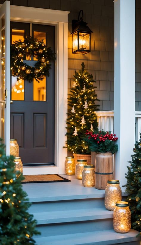 26 Simple and Cozy Ways to Decorate Your Small Porch for Christmas - Dormouse Life Small Porch Decor, Christmas Patio Decorating Ideas, Winter Front Porch, Small Porch, Mason Jar Lanterns, Wooden Reindeer, Pine Garland, Jar Lanterns, Small Porches