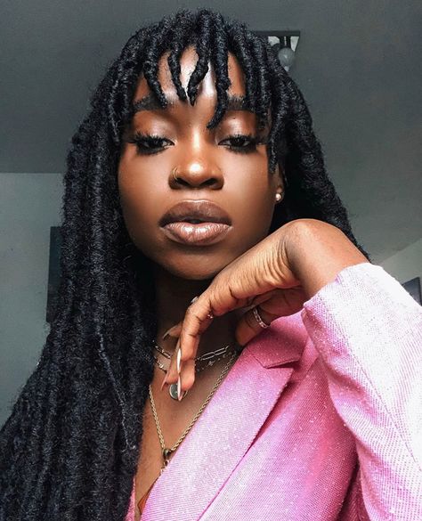 obsessed with this loc’d bayang. 💕@africanjawn Long 4c Hair, Bangs For Long Hair, Twisted Bangs, Natural African American Hairstyles, Faux Locs Hairstyles, 4c Hair, Girls Braids, Dreadlock Hairstyles, Long Hair With Bangs