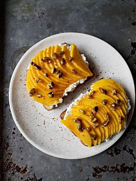 Ricotta Toasts With Mango & Honeyed Pistachios Mango Toast, Toasted Crostini, Ricotta Toast, Shake N Bake, Bread Toast, Breakfast Toast, Meatless Monday, Cooking Inspiration, Slice Of Bread