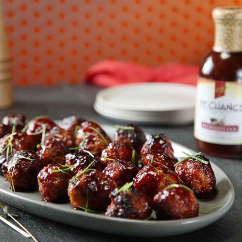 Pork meatballs flavored with garlic and ginger and cooked in P.F. Chang’s® Home Menu Mongolian BBQ Sauce will be a crowd pleasing main course or a great party appetizer Mongolian Bbq, P F Chang, Pf Chang, Ready Set Eat, Glazed Meatballs, How To Cook Meatballs, Pork Meatballs, Beef Brisket, Food Reviews