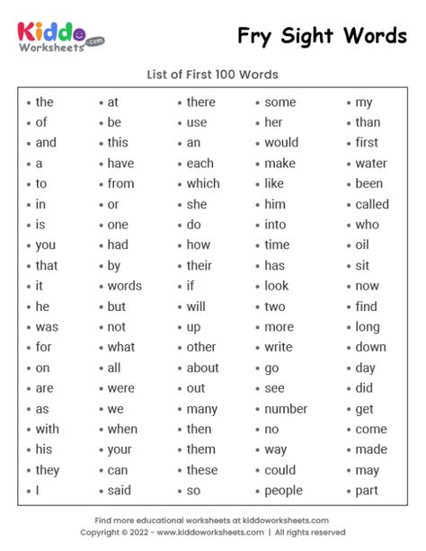 Free Printable Fry Sight Words List 1 Worksheet - kiddoworksheets Fry Word List Free Printable, Fry Words Kindergarten, Fry Sight Word List, Fry Words List, Second Grade Sight Words, Sight Words Worksheets, Practice Sight Words, Fry Words, Cvc Words Worksheets