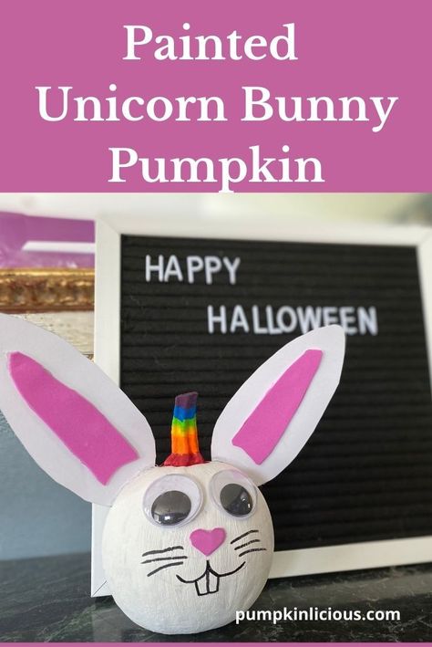 Unicorn Bunny Pumpkin No Carve = unicorn pumpkin ideas #paintedpumpkins Bunny Pumpkin Decorating, Bunny Pumpkin Painting, Pumpkin Bunny, River Craft, Bunny Pumpkin, Pumpkin Growing, Unicorn Bunny, Painted Unicorn, Unicorn Pumpkin