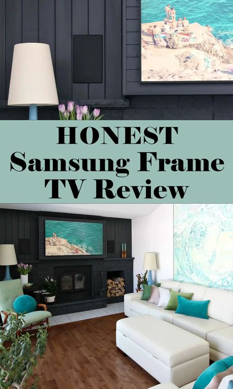 HONEST Samsung Frame TV Review. Samsung Frame TV over fireplace - tips on how to hide the TV cord under a mantel. Samsung Frame TV pros and cons to help you determine if the Frame TV is worth the cost. Plus how to make the Art Mode look better by choosing the right art! As well, you can find my Lake Inspired Samsung Frame TV art for sale and tips for how to create your own Samsung Frame TV art. Samsung Frame TV on wall above fireplace. Turn your TV into art! Samsung Frame Over Fireplace, Tv On Wall Above Fireplace, Samsung Frame Tv Over Fireplace, Frame Tv On Wall, Samsung The Frame Tv Living Room, Frame Tv Over Fireplace, Wall Above Fireplace, Tv On Wall, Tv Over Fireplace