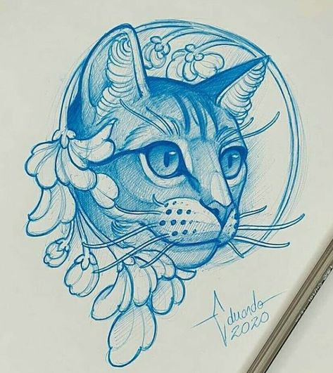 Neo Traditional Art, Cat Face Drawing, Floral Sketch, Framed Tattoo, Gato Cat, Goth Tattoo, Bone Tattoos, Cat Tat, Cat Frame