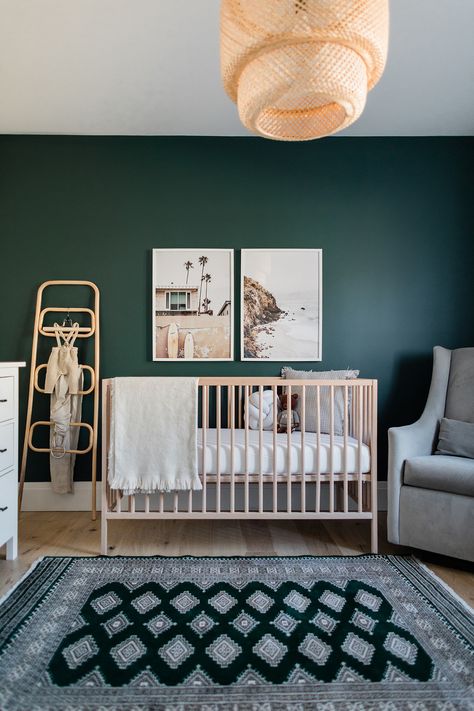 Ikea Nursery Ideas, Ikea Picture Frame, Nursery Paint Colors, Ikea Pictures, Wood Crib, Nursery Accent Wall, Ikea Nursery, Green Accent Walls, Dark Green Walls