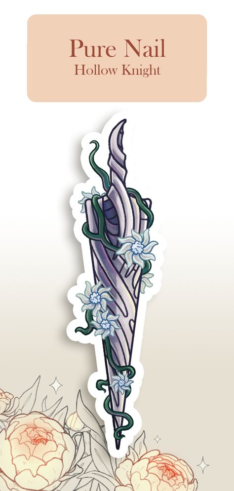 The Knight's upgraded nail sword, overgrown with Delicate Flowers from the Grey Mourner. Show your mastery over all the trials of Hollownest with this sleek sticker design~ Video Game Swords, Nail Stickers Designs, Knight Tattoo, Knight Art, Nail Sticker, Delicate Flowers, The Grey, Delicate Flower, Flower Tattoos