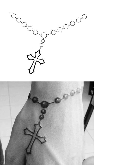 Jesus Praying Tattoo, Cross Hand Tattoos, Rosary Stencil, Rosario Tattoo Design, Cross Chain Tattoo, Rosary Cross Tattoo, Rosery Beads Tattoo, Cross On Hand Tattoo, Rosary Tattoo For Men