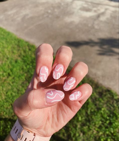 Abstract Swirl Nails, Swirly Nail Designs, Squiggle Nails, Pink Swirl Nails, Swirly Nails, Swirl Nail Art, Swirl Nails, White Nail Designs, Nice Nails