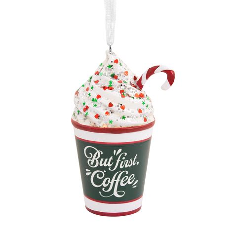 PRICES MAY VARY. Pay tribute to your morning pick-me-up with this fun Christmas ornament. Festive design features a coffee cup topped with yummy sweetness and printed with the message "But first, coffee." Great Christmas gift idea for coffee lovers. Resin ornament is ready to hang on your Christmas tree with a hanger attachment. Purchase Includes: One Hallmark Christmas tree ornament packaged in a box. Ornament Size Approx.: 1.807 x 3.53 x 1.732 Batteries Required: False Hallmark Christmas Tree, Coffee Ornaments, To Go Coffee Cups, Coffee Christmas, Green Cups, Cool Christmas Trees, First Coffee, Festive Design, Hallmark Christmas