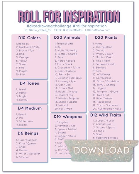 Roll for Inspiration: Dice Drawing Challenge Tables Roll For Drawing, Roll The Dice Drawing Challenge, 2023 Drawing Challenge, Dice Roll Oc Maker, Dnd Oc Challenge, Dice Roll Art Challenge, Dice Roll Drawing Prompts, Dice Art Challenge, Monster Creator Challenge