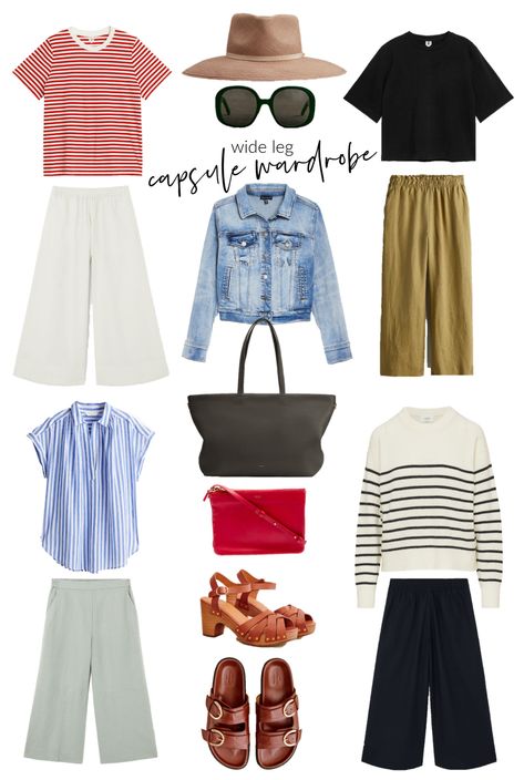 Wide Leg Capsule Wardrobe ⋆ chic everywhere, capsule wardrobe of classic basics great for travel in spring summer, summer outfits, wide leg pants outfits Summer Wide Leg Pants Outfit, Outfits Wide Leg Pants, Outfits Wide Leg, Summer Wide Leg Pants, Wide Leg Trousers Outfit, Culottes Outfit, Wide Leg Pants Outfit, Style Wide Leg Pants, Wide Leg Pants Outfits