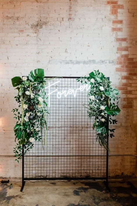 Neon Sign Backdrop, Botanical Wedding Inspiration, Hipster Wedding, Photo Backdrop Wedding, Dfw Wedding, Modern Botanical, Wedding Tables, Table Chairs, Neon Wedding