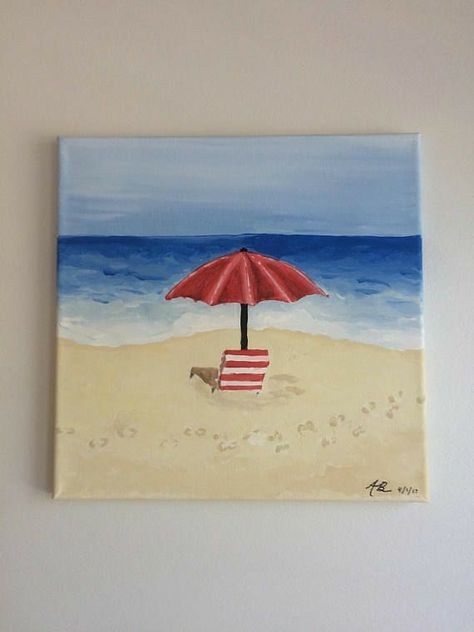 Painting Umbrella, Paintings Beach, Small Acrylic Painting, Umbrella Painting, Beach Paintings, Seaside Art, Small Canvas Paintings, Painting Canvases, Cute Canvas Paintings