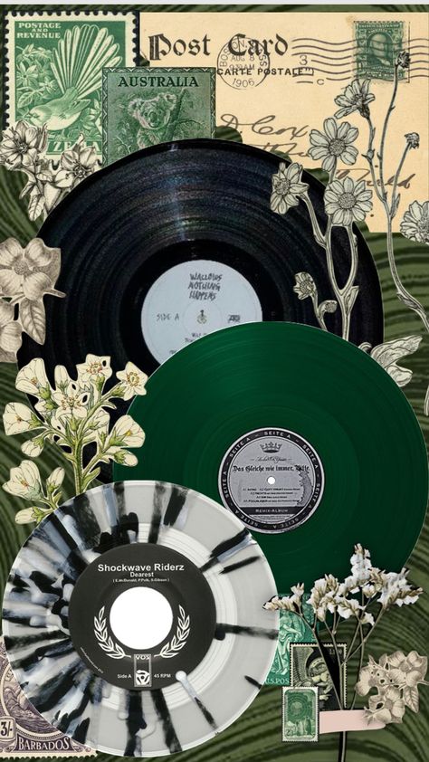 #aesthetic #records #paper #mail #green #black #postalstamps #stamps #mail #flowers #plants #vintage Aesthetic Records, Green Skeleton, Shuffles Aesthetic, Plants Vintage, Mint Aesthetic, Wallpaper Polos, Music Collage, Vintage Poster Design, Mood Wallpaper