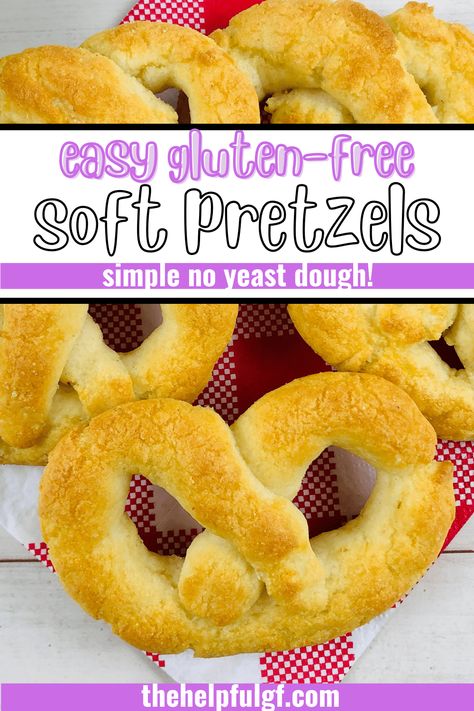 This easy recipe for baked gluten free soft pretzels only needs 5 ingredients and no yeast! These yeast free pretzels are made from simple gluten free soft pretzel dough and you'll love them! Pizza Dough Pretzels, Gluten Free Soft Pretzel Recipe, Gluten Free Soft Pretzels, Yeast Dough Recipe, Gluten Free Pizza Dough, Gluten Free Comfort Food, Pretzel Dough, Soft Pretzel Recipe, Gluten Free Pretzels