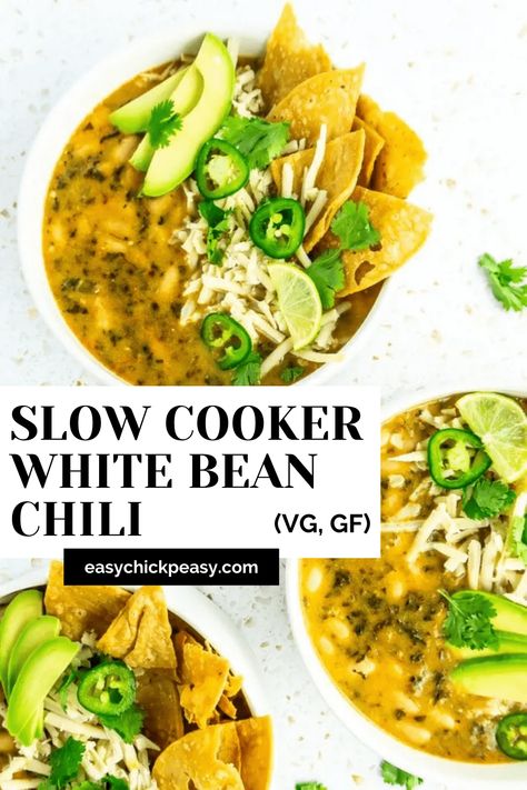 This might be the easiest chili you ever make. If you can use a can opener, you can make this super flavorful vegan and gluten free chili. It takes 5 minutes of prep. Yes, really. #easyrecipes #slowcooker #vegan #glutenfree #chili White Bean Chili Crockpot, White Bean Chili Vegetarian, Vegan Chili Crockpot, Veg Soups, Vegetarian White Chili, White Bean Chili Recipe, Vegetarian Chili Crock Pot, Veggie Soups, Slow Cooker Beans