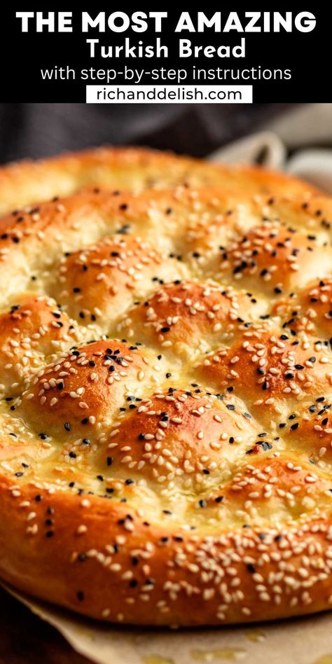 This Turkish bread is a traditional pide bread that is fluffy and super easy to make and comes together in 2 hours. Ramadan Pide Bread, Turkish Bread Ideas, Tear And Share Bread Recipes, Barely Bread Recipe, Flavoured Bread Recipes, Arabic Bread Recipe, Pide Recipe Turkish, Flavored Bread Recipes, Fancy Bread Recipes