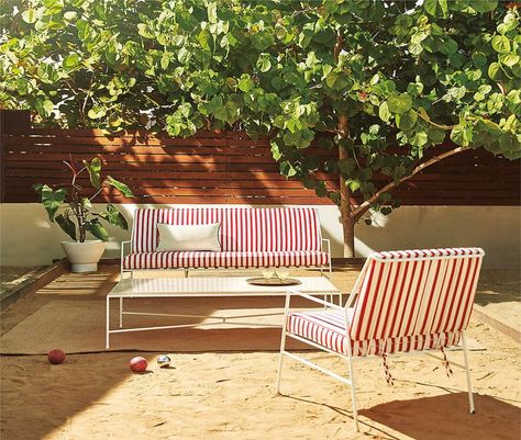 Sometimes it pays to look beyond the usual suspects. #design #productdesign #furniture #outdoorfurniture #seating #outdoorliving #designlinesmagazine Modern Outdoor Lounge Chair, Modern Outdoor Sofas, Retro Lounge, Modern Outdoor Spaces, Red White Stripes, Pool Chairs, Patio Lounge Chairs, Patio Sectional, Striped Cushions