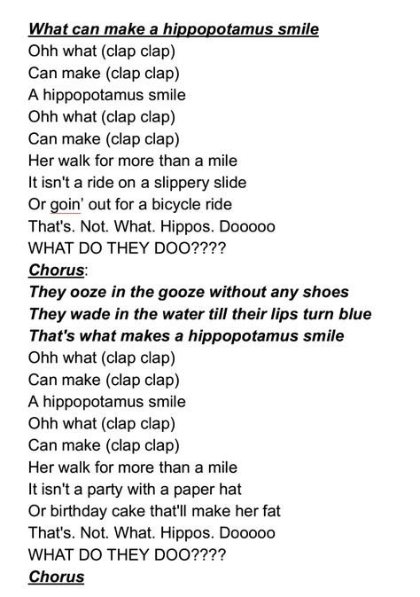 Camp song: Oh what can make a hippopotamus smile Summer Camp Songs For Preschoolers, Summer Camp Songs, Campfire Song, Girl Scout Camp Songs, Camp Songs For Kids Repeat After Me, Cub Scouts Wolf, Campfire Songs, Camp Songs, Clap Clap