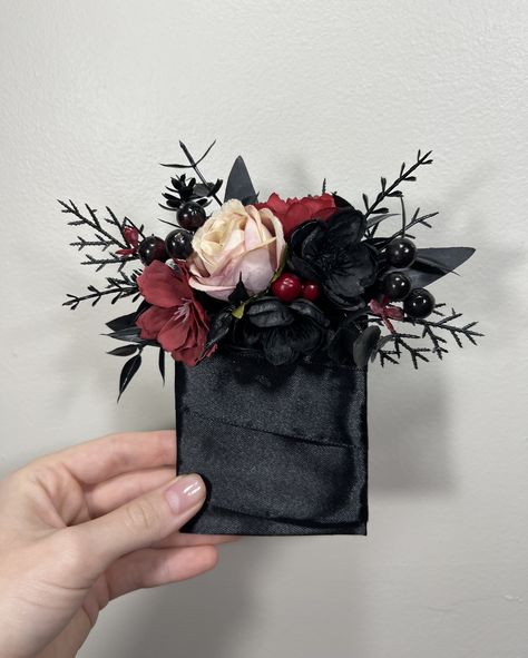 Dark And Moody Bridesmaid Bouquet, Gothic Wedding Garter, Alternative Boutineer Ideas, Gothic Groomsmen, Goth Wedding Flowers, Gothic Bouquet Wedding, Burgundy Black Wedding, Burgundy And Black Wedding, Burgundy Groomsmen