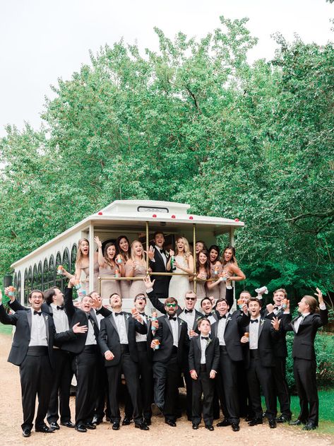 Trolley Wedding, Big Bridal Party, Groomsmen In Black, Athens Georgia Wedding, Jenny Yoo Bridesmaid, Athens Wedding, Georgia Wedding Venues, Wedding Transportation, Big Sky Montana