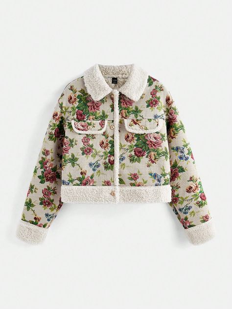 Jacquard Jacket For Women, Floral Pattern, Perfect For  Autumn Outfits,FallVintage Painting Inspired Jacquard Fabric Composite Fleece Jacket For Ladies Multicolor Casual  Long Sleeve Woven Fabric Colorblock,Floral,Plants,All Over Print Other Non-Stretch  Women Clothing, size features are:Bust: ,Length: ,Sleeve Length: Embellished Jackets, Couture 2024, Jacquard Jacket, Women Jackets, Floral Knit, Autumn Outfits, Jacket For Women, Couple Matching, Elegant Dresses Long