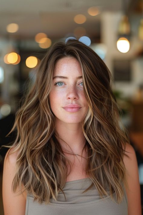 Woman with long, wavy brown hair and a neutral expression stands indoors with blurred lights in the background. Dark Hair Lighter Around Face, Brown Hair With Lights Highlights, Dark And Light Highlights Brunettes, Highlights For Hazel Eyes, Tan Skin Highlights Hair, Highlights On Warm Brown Hair, Full Foil Highlights On Brown Hair, Dark Hair Light Ends, Dark Brown Hair Transformation