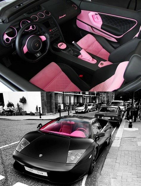 I know this isn't really women's clothes, but it could be a woman's "accessory." It's just what every woman needs. A matte black Lambo with pepto-pink interior highlights. Two Fast Two Furious, Murcielago Lp640, Pink Jeep, Girly Car, Crypto Bitcoin, Pink Car, Pink Interior, Love Car, Future Car