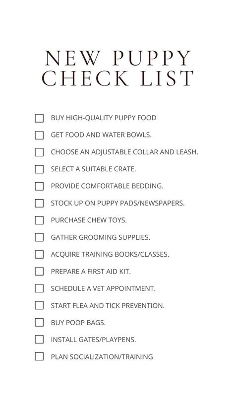 Checklist For New Puppy, How To Take Care Of Dogs, Puppy Desensitization Checklist, First Time Puppy Owner Tips, Puppy Must Have List, Getting A Puppy Checklist, Things For New Puppy, Puppy List New, Dog Starter Kit List