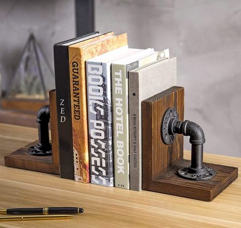 From our favorite brand of bookish home decor, My Gift, come fantastic industrial-style bookends made of specially treated pipes and L-shaped torched rustic wood. These bookends will go well with any rustic, steampunk, or industrial home interior. #books #bookends #booklove Industrial Style Bedroom, Pipe Desk, Wood Bookends, Steampunk House, Decorative Bookends, Pipe Decor, Vintage Industrial Decor, Steampunk Decor, Pipe Furniture