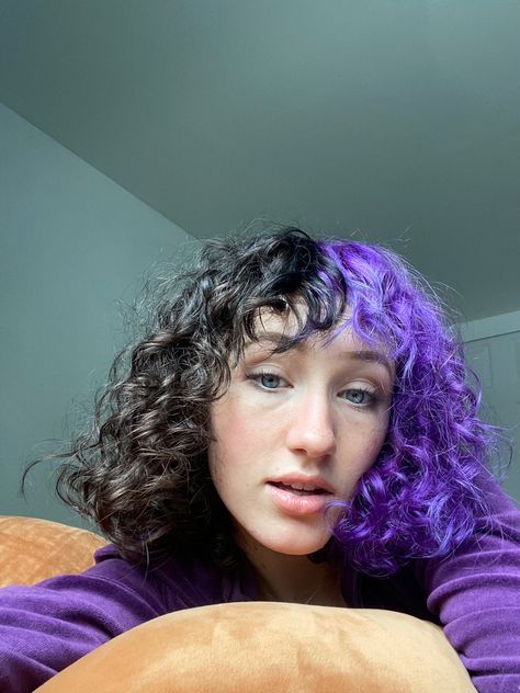 Half Colored Curly Hair, Purple Half And Half Hair, Lilac Hair Color, Short Blue Hair, Half Dyed Hair, Half And Half Hair, Skunk Hair, Hair Color Pictures, Long Face Haircuts