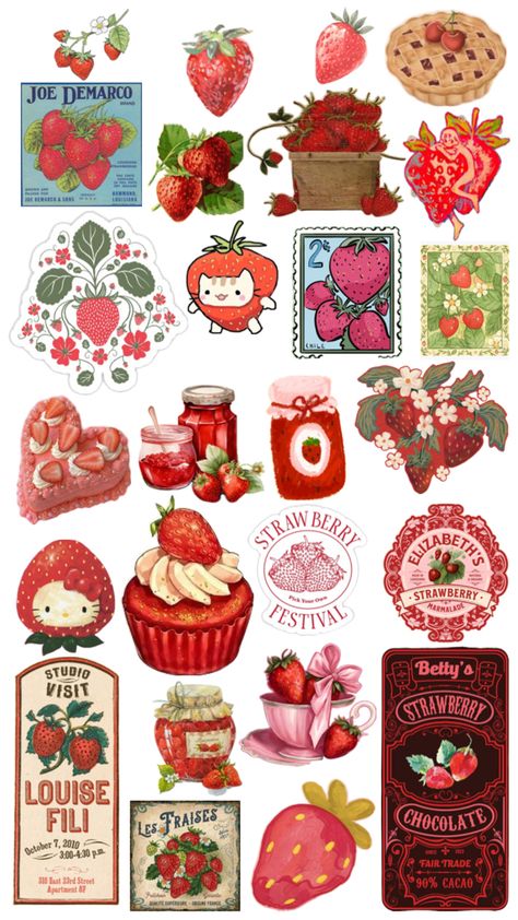 Strawberry Scrapbook, Strawberry Shortcake Stickers, Homade Stickers Ideas, Junk Journal Stickers Printable, Strawberry Journal, Vintage Christmas Stickers, Strawberry Sticker Aesthetic, Journal Printables Stickers Aesthetic, Strawberry Stickers