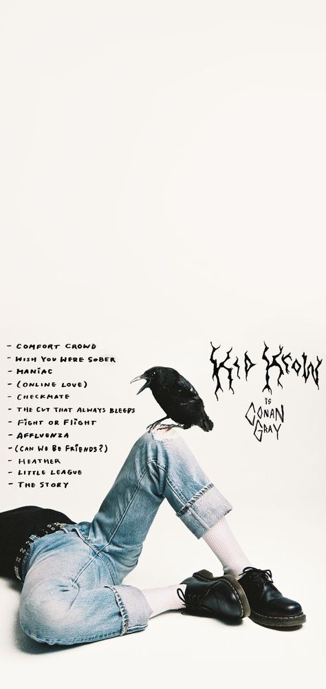 Conan Gray Kid Krow album tracklist wallpaper / lockscreen Conan Gray Phone Wallpaper, Conan Gray Aesthetic Wallpaper Iphone, Conan Gray Wallpaper Iphone, Kid Krow Conan Gray, Conan Gray Lockscreen, Conan Gray Cute, Conan Gray Aesthetic Wallpaper, Wallpaper Conan Gray, Aesthetic Conan Gray