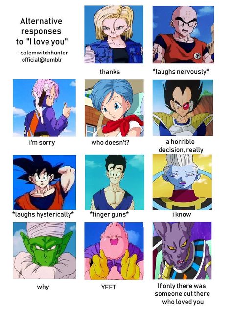 DBZ alternative responses to i love you meme Alternative Responses To I Love You, Dbz Funny, Dbz Memes, Love You Meme, Dragon Z, Dbz Characters, Anime Dragon Ball Goku, Pokemon Memes, You Meme