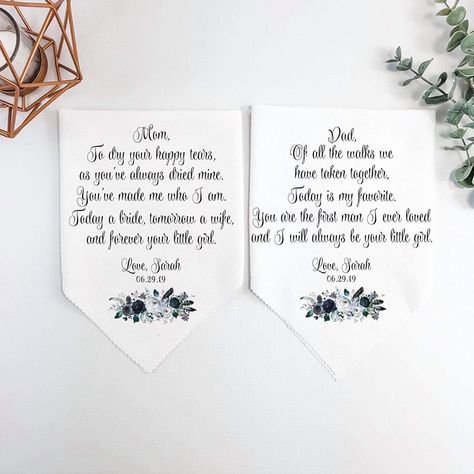 Father of the Bride Handkerchief | Gift Guide for Father of the Bride | The Pink Bride® www.thepinkbride.com Bride Handkerchief, Groom Wedding Gift, Personalized Handkerchiefs, Dad Wedding Gift, Father Of The Groom, Wedding Hankies, Mom Wedding Gift, Pink Bride, Wedding Handkerchief