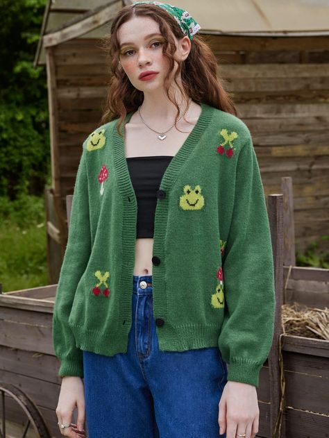 Shein Fairycore, Fairycore Jacket, Frog Cardigan, Romwe Fairycore, Mushroom Outfit, Frog Mushroom, Girls Cardigan Sweater, Mushroom Pattern, Vintage Mushroom