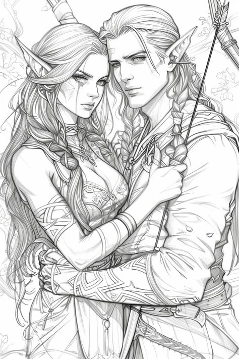 Embark on a magical journey with our enchanting coloring page featuring a couple of elves deeply in love. Immerse yourself in the fantasy as you bring this tender moment to life with your favorite colors. Whether you're captivated by the whimsical attire of the elves or the serene background of their enchanted realm, this illustration invites you to explore your creativity and celebrate the beauty of love and fantasy. Perfect for a relaxing coloring session, download this printable and experienc Dnd Character Coloring Pages, Fae Sketches, Elves Drawing, Magic Coloring Pages, Serene Background, Romantic Illustration, Love Coloring Pages, Deeply In Love, Adult Coloring Designs