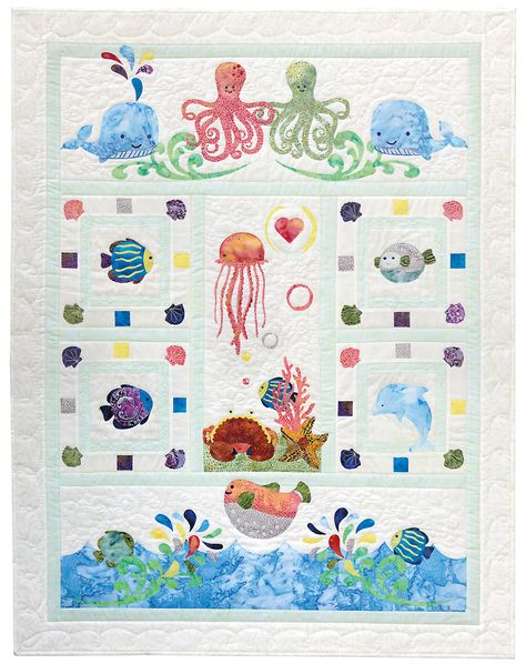 Wee Sea by Kenna Sato Mermaid Quilt, Sea Quilt, Baby Quilt Pattern, Raw Edge Applique, Applique Quilt Patterns, Baby Quilt Patterns, How To Finish A Quilt, Customized Blankets, Colorful Pillows