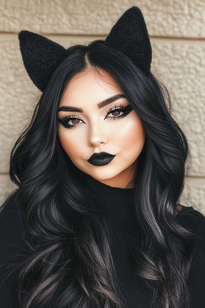 21 Easy Cat Makeup Halloween Ideas You’ll Want to Try Simple Black Cat Makeup Halloween, Kitten Makeup Halloween, Black Cat Makeup Halloween Pretty, Cat Make Up For Halloween Easy, Witch And Black Cat Costume, Black Cat Costume Makeup, Cat Halloween Makeup For Women, Cat Costume Makeup For Women, Halloween Cat Makeup For Women