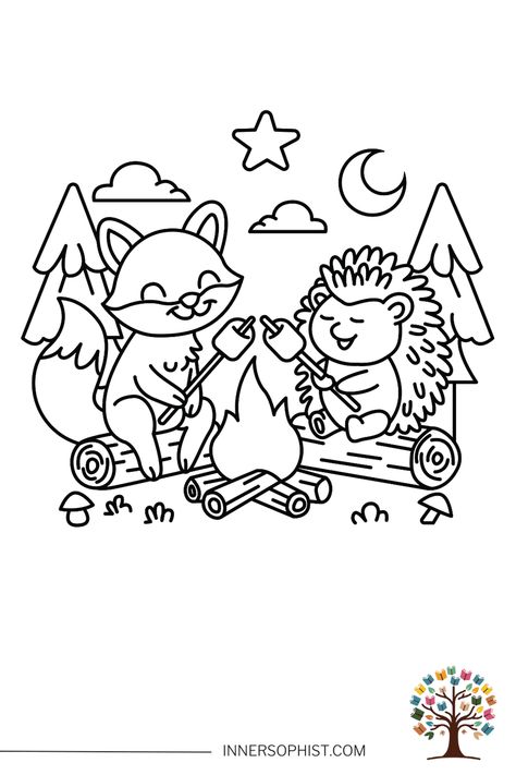 Fox and Hedgehog by the Campfire Coloring Page Campfire Coloring Page, Fox And Hedgehog, Camping Scene, Scene Drawing, Time In Nature, Print Outs, A Hedgehog, Roasting Marshmallows, Coloring Activity