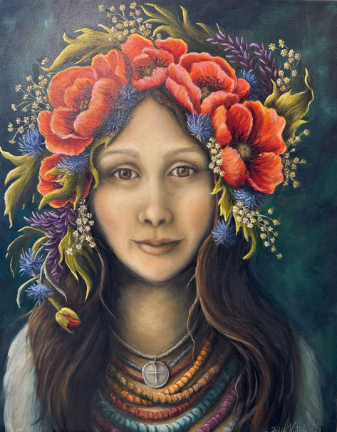 A flower crown on a European girl, painted in oil paint, by floral artist,  Julia Kulish Flower Crown Painting, Girl With Flower Crown, Crown Painting, European Girl, Flower Girl Crown, Floral Crowns, European Girls, Floral Oil Paintings, Flower Paintings