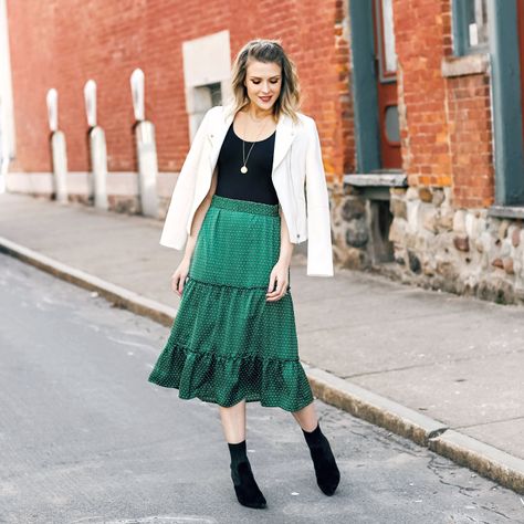 how to style a midi skirt.  Love this green polka dot skirt and blazer combo! #polkadots #green #midiskirt #ootd #fallfashion #winterstyle Green Polka Dot Skirt Outfit, Green Skirt Long, Green Polka Dot Skirt, Polka Dot Skirt Outfit, Style A Midi Skirt, Dot Skirt Outfit, Penny Pincher Fashion, Polka Dot Midi Skirt, Penny Pincher