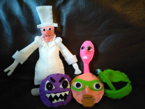 The Meanies from Numberjacks in felt. Spooky Spoon, Problem Blob, Shape Japer, The Puzzler and The Numbertaker. Numberjacks Character, Spooky Spoon, Blob Shape, Sale Ideas, Kids Projects, Olaf The Snowman, Projects For Kids, Felt, Novelty Christmas