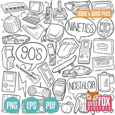 90s Doodles Art, 80s Doodles, 90s Doodles, 90s Drawings, Retro Doodles, Icons Doodle, Retro Technology, Doodle Coloring, Bullet Journal Art