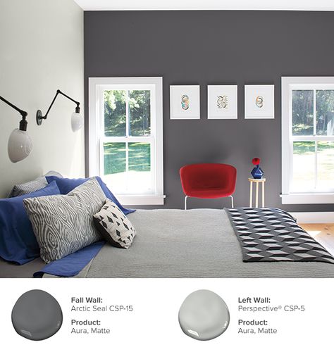 Give your bedroom a makeover with Benjamin Moore’s Aura Color Stories Collection. (FAR WALL): Arctic Seal CSP-15, Aura, Matte (LEFT WALL): Perspective® CSP-5, Aura, Matte. Amazing Gray Paint, Arctic Seal, Popular Grey Paint Colors, Dark Gray Paint Colors, Neutral Gray Paint, Modern Grey Bedroom, Red Accent Chair, Paint Color Guide, Warm Gray Paint