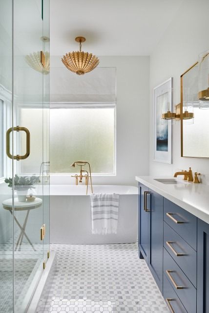 How to Remodel a Bathroom | Houzz Hampton Chandelier, White Bathroom Floor, Bathroom Redesign, Transitional Bathroom, Bathroom Inspiration Decor, Blue Bathroom, Bathroom Inspo, Bathroom Floor Tiles, En Suite Bathroom