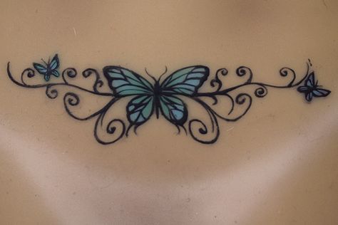 Real hand painted butterfly back tattoo on silicone Sinthetic doll Abdomen Tattoo, Tattoo On The Back, Lower Back Tattoo Designs, Tummy Tattoo, Blue Butterfly Tattoo, Butterfly Back Tattoo, Tattoos To Cover Scars, Girl Back Tattoos, Scar Tattoo