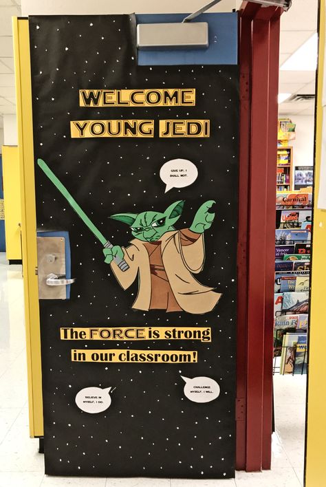 Star Wars Classroom Door Star Wars Classroom Door, Teacher Appreciation Door Ideas, Star Wars Classroom Theme, Teacher Appreciation Door, Classroom Door Decorating, Star Wars Classroom, Teacher Appreciation Doors, Space Classroom, Teacher Door